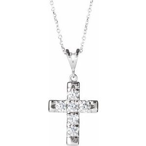 14K White Gold 3/4 CTW Natural Diamond French-Set Cross 16-18" Necklace