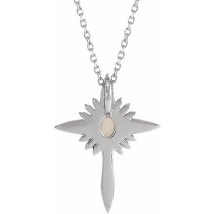 14K White Gold Natural White Opal & .06 CTW Natural Diamond Nativity Cross 16-18" Necklace
