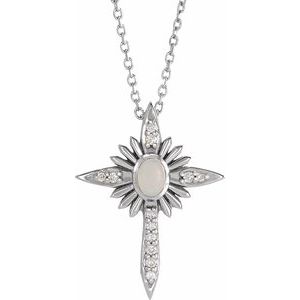 14K White Gold Natural White Opal & .06 CTW Natural Diamond Nativity Cross 16-18" Necklace
