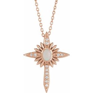14K Rose Gold Natural White Opal & .06 CTW Natural Diamond Nativity Cross 16-18" Necklace