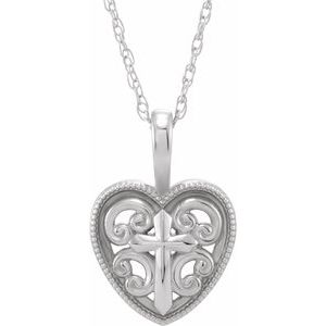 Sterling Silver 18.7x12.6 mm Cross and Heart 16" Necklace