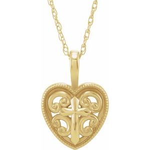 14K Yellow Gold 18.7x12.6 mm Cross and Heart 16" Necklace