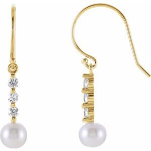 14K Yellow Cultured White Freshwater Pearl & 1/4 CTW Natural Diamond Earrings