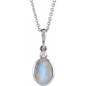 Platinum 6x4 mm Natural Rainbow Moonstone & .015 CT Natural Diamond 16-18" Necklace