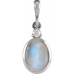 14K White Gold 6x4 mm Natural Rainbow Moonstone & .015 CT Natural Diamond Pendant