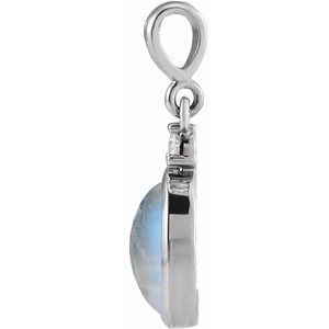 14K White Gold 10x8 mm Natural Rainbow Moonstone & .03 CT Natural Diamond Cabochon Pendant