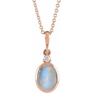 14K Rose Gold 8x6 mm Natural Rainbow Moonstone & .03 CT Natural Diamond 16-18" Necklace