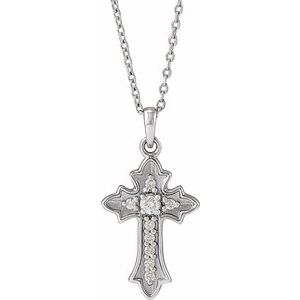 Platinum .08 CTW Natural Diamond Vintage-Inspired Cross 16-18" Necklace