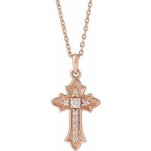 14K Rose Gold .08 CTW Natural Diamond Vintage-Inspired Cross 16-18" Necklace