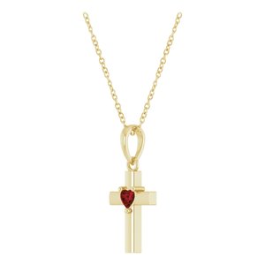 14K Yellow Gold Natural Mozambique Garnet Heart Cross 16-18" Necklace