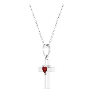 Sterling Silver Natural Mozambique Garnet Heart Cross 16-18" Necklace