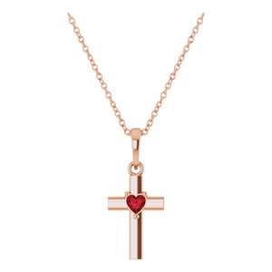 14K Rose Gold Natural Mozambique Garnet Heart Cross 16-18" Necklace