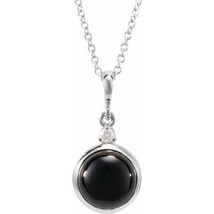 14K White Gold 8 mm Natural Black Onyx & .03 CT Natural Diamond Cabochon 16-18" Necklace