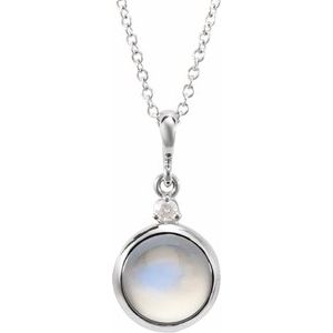 Sterling Silver 6 mm Natural Rainbow Moonstone & .03 CT Natural Diamond Cabochon 16-18" Necklace