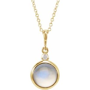 14K Yellow Gold 8 mm Natural Rainbow Moonstone & .03 CT Natural Diamond Cabochon 16-18" Necklace