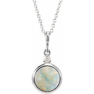 14K White Gold 6 mm Natural White Opal & .03 CT Natural Diamond Cabochon 16-18" Necklace