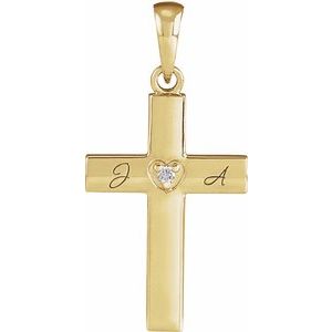 14K Yellow Gold .015 CT Natural Diamond Engravable Cross Pendant