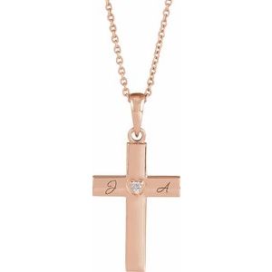 14K Rose Gold .015 CT Natural Diamond Engravable Cross 16-18" Necklace