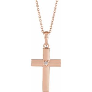 14K Rose Gold .015 CT Natural Diamond Engravable Cross 16-18" Necklace
