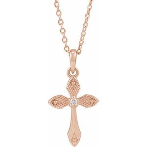 14K Rose Gold .015 CT Natural Diamond Cross 16-18" Necklace