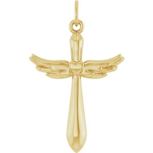14K Yellow Gold Angel Wings Heart Cross Pendant