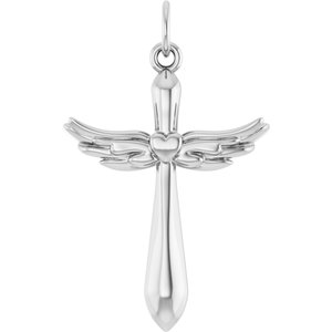 14K White Gold Angel Wings Heart Cross Pendant