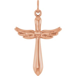 14K Rose Gold Angel Wings Heart Cross Pendant