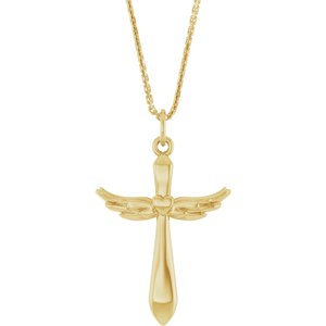 14K Yellow Gold Angel Wings Heart Cross 18" Necklace
