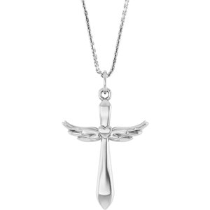 14K White Gold Angel Wings Heart Cross 18" Necklace
