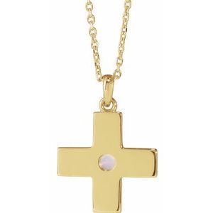 14K Yellow Gold Natural White Opal Gratitude Cross 16-18" Necklace