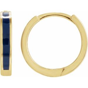 14K Yellow Gold Blue Enamel Hinged 12.1 mm Hoop Earrings