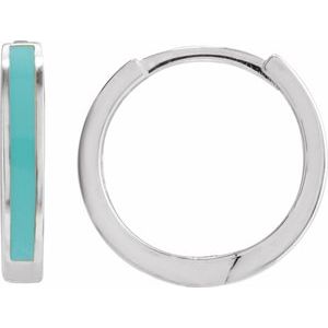 14K White Gold Turquoise Enamel Hinged 12.1 mm Hoop Earrings