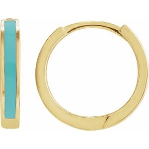 14K Yellow Gold Turquoise Enamel Hinged 12.1 mm Hoop Earrings