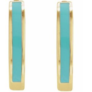 14K Yellow Gold Turquoise Enamel Hinged 12.1 mm Hoop Earrings
