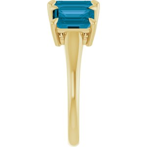 14K Yellow Gold 8x6 mm Emerald Natural London Blue Topaz Three-Stone Ring