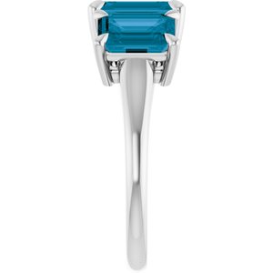 14K White Gold 8x6 mm Emerald Natural London Blue Topaz Three-Stone Ring