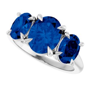 Sterling Silver 9x7 mm Oval Lab-Grown Blue Sapphire Three-Stone Ring