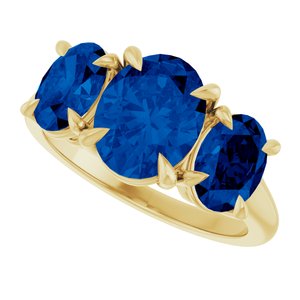 14K Yellow Gold 9x7 mm Oval Lab-Grown Blue Sapphire Three-Stone Ring