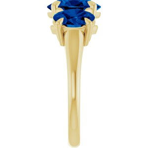 14K Yellow Gold 9x7 mm Oval Lab-Grown Blue Sapphire Three-Stone Ring