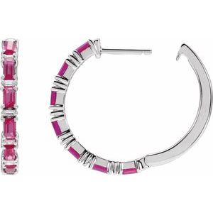 14K White Gold Natural Ruby & 1 1/4 Natural Diamond Hoop Earrings