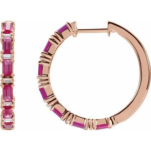 14K Rose Gold Natural Ruby & 1 1/4 Natural Diamond Hoop Earrings