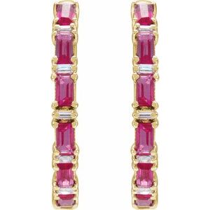14K Yellow Gold Natural Ruby & 1 1/4 Natural Diamond Hoop Earrings