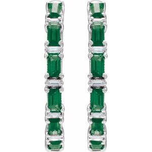 14K White Gold Natural Emerald & 1 1/4 CTW Natural Diamond Hoop Earrings