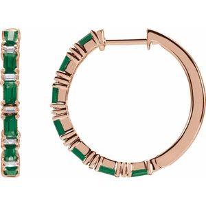 14K Rose Gold Natural Emerald & 1 1/4 CTW Natural Diamond Hoop Earrings