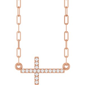 14K Rose Gold .06 CTW Natural Diamond Sideways Cross 18" Necklace