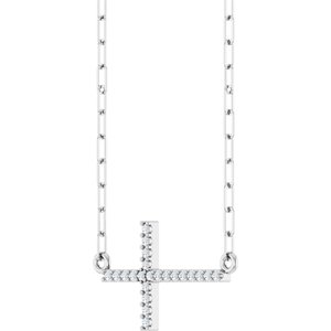 14K White Gold .08 CTW Natural Diamond Sideways Cross 18" Necklace