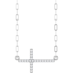 14K White Gold .08 CTW Natural Diamond Sideways Cross 18" Necklace