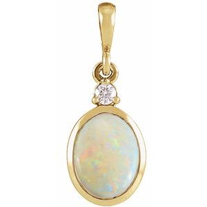 14K Yellow Gold 12x10 mm Natural White Opal & .03 CT Natural Diamond Cabochon Pendant