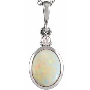 Sterling Silver 10x8 mm Natural White Opal & .03 CT Natural Diamond Cabochon Pendant
