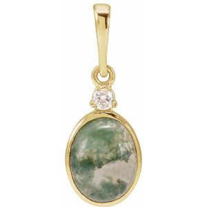 14K Yellow Gold 8x6 mm Natural Moss Agate & .03 CTW Natural Diamond Pendant